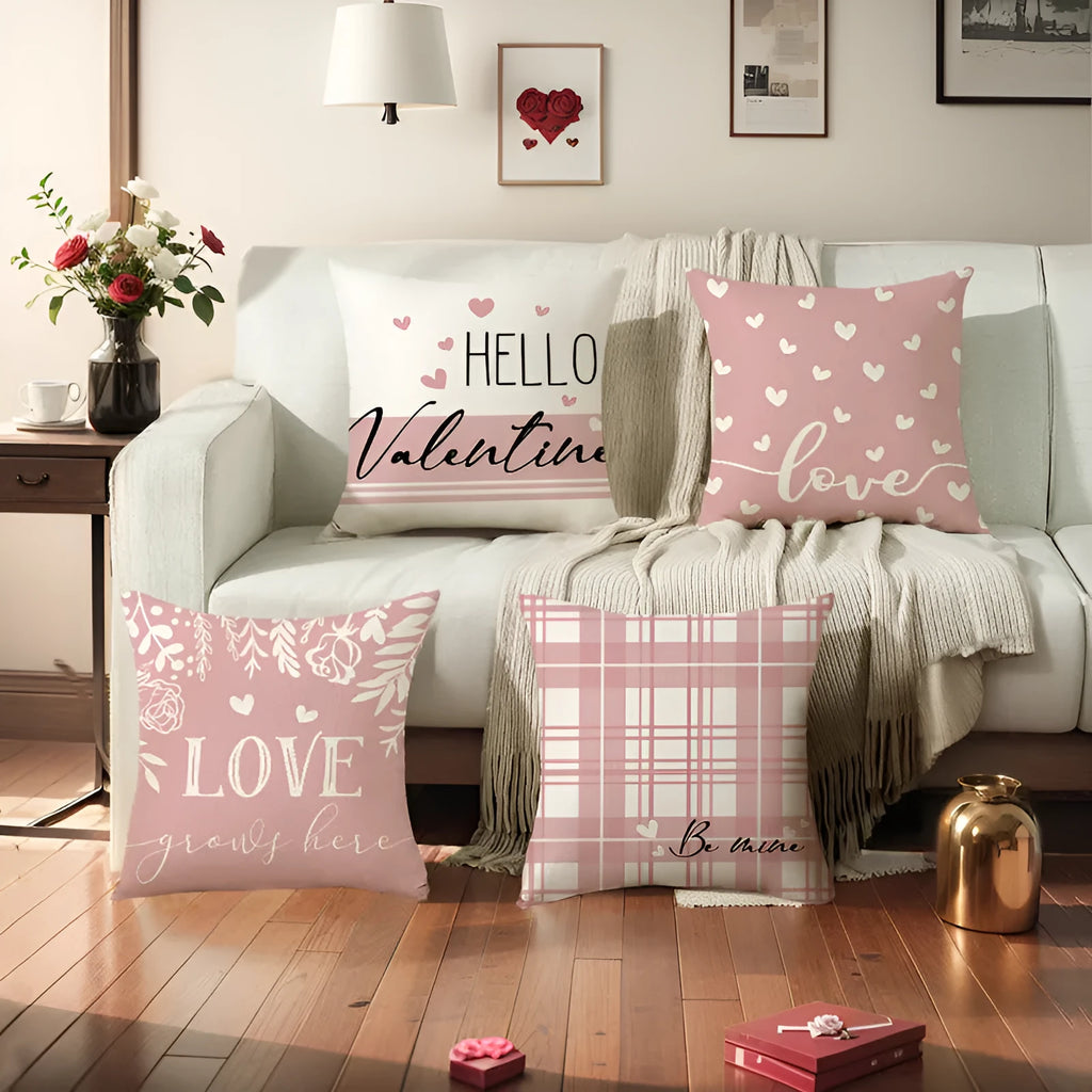 Red and white plaid heart print decorative pillow cover for Valentine's Day, 45x45cm.