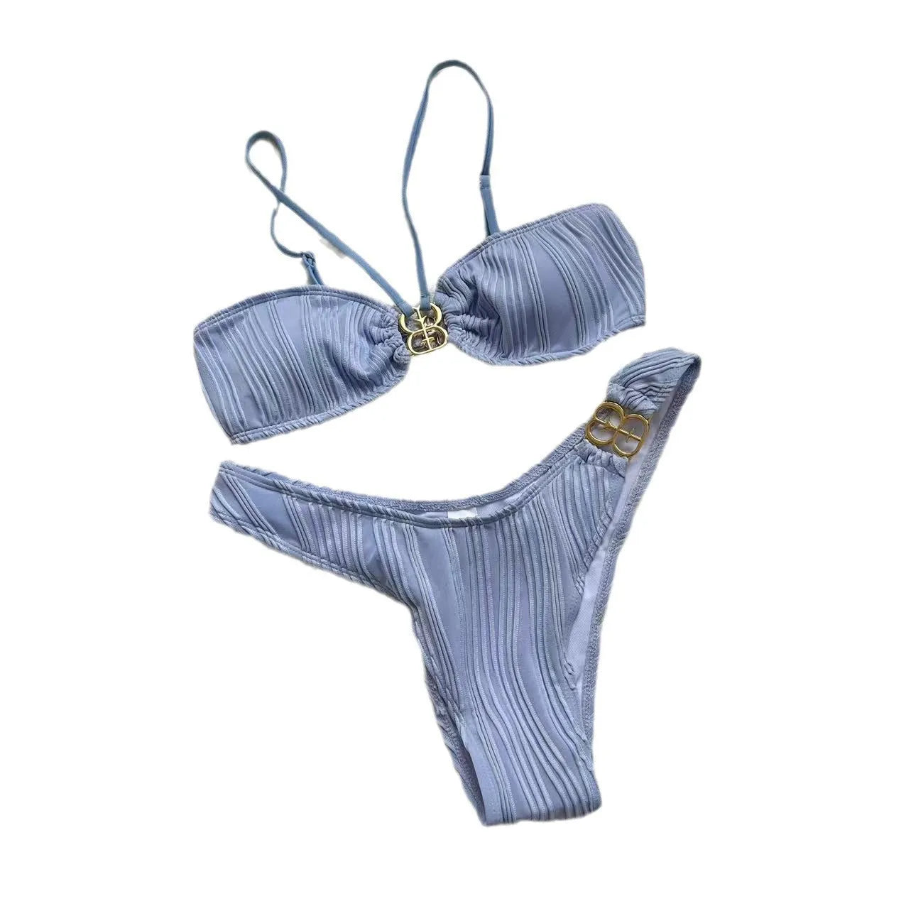 Women's solid colour hanging neck bikini set with briefs on a mannequin
