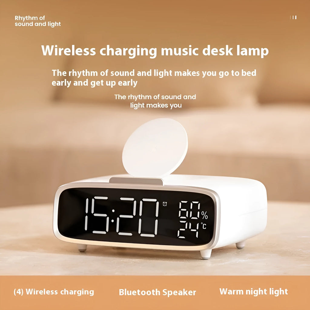Compact white ABS acrylic 3-in-1 unit combining a Bluetooth speaker, wireless charger, and night light.