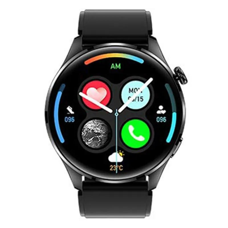 Black smartwatch with round colour screen and silicone strap on a wrist.