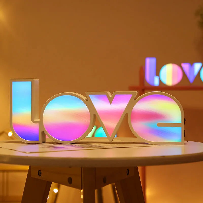 Rainbow LED LOVE decorative lamp with USB cable, measuring 35.5cm wide