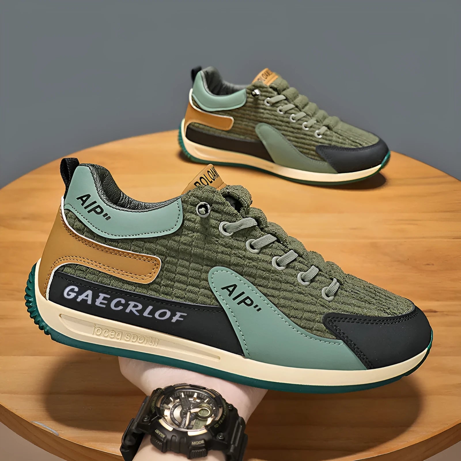 Men's green and grey mesh running shoes with low-top design and viscose soles