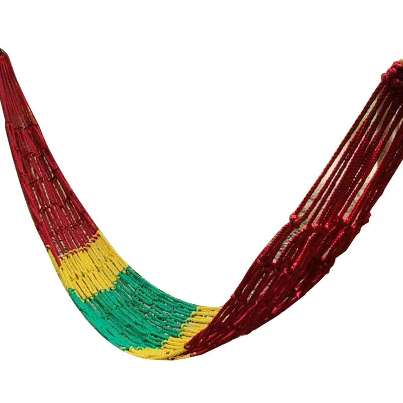 Nylon rope mesh hammock measuring 1.1m wide by 2.1m long with bold pattern design