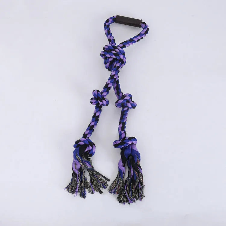 Blue and yellow cotton rope dog toy with ergonomic handles for tug-of-war games