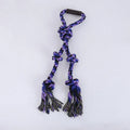 Blue and yellow cotton rope dog toy with ergonomic handles for tug-of-war games