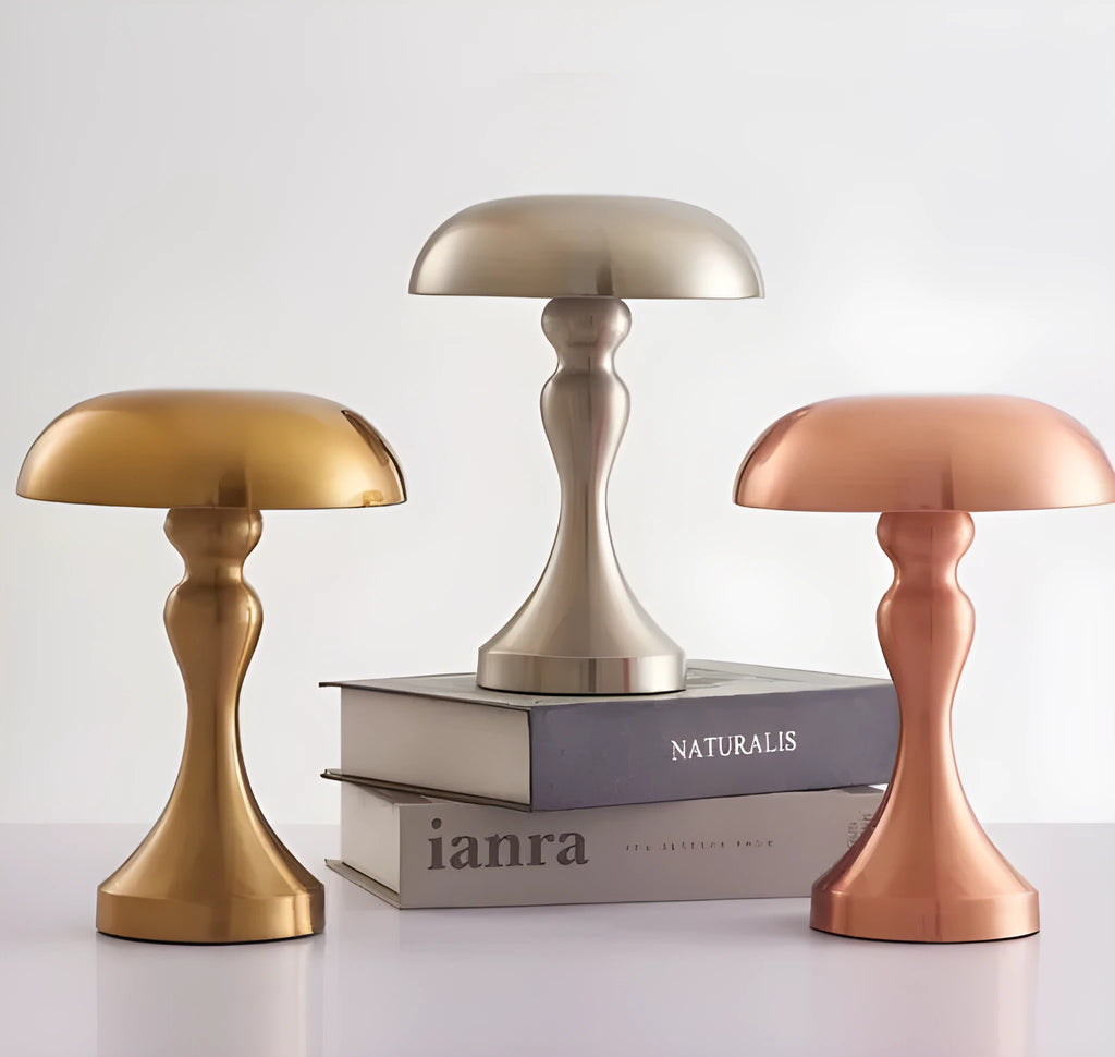 Metallic desk lamp with touch controls showing three colour lighting options