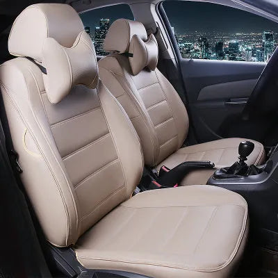 Universal all season leather car seat cover in beige and black with red binding styles