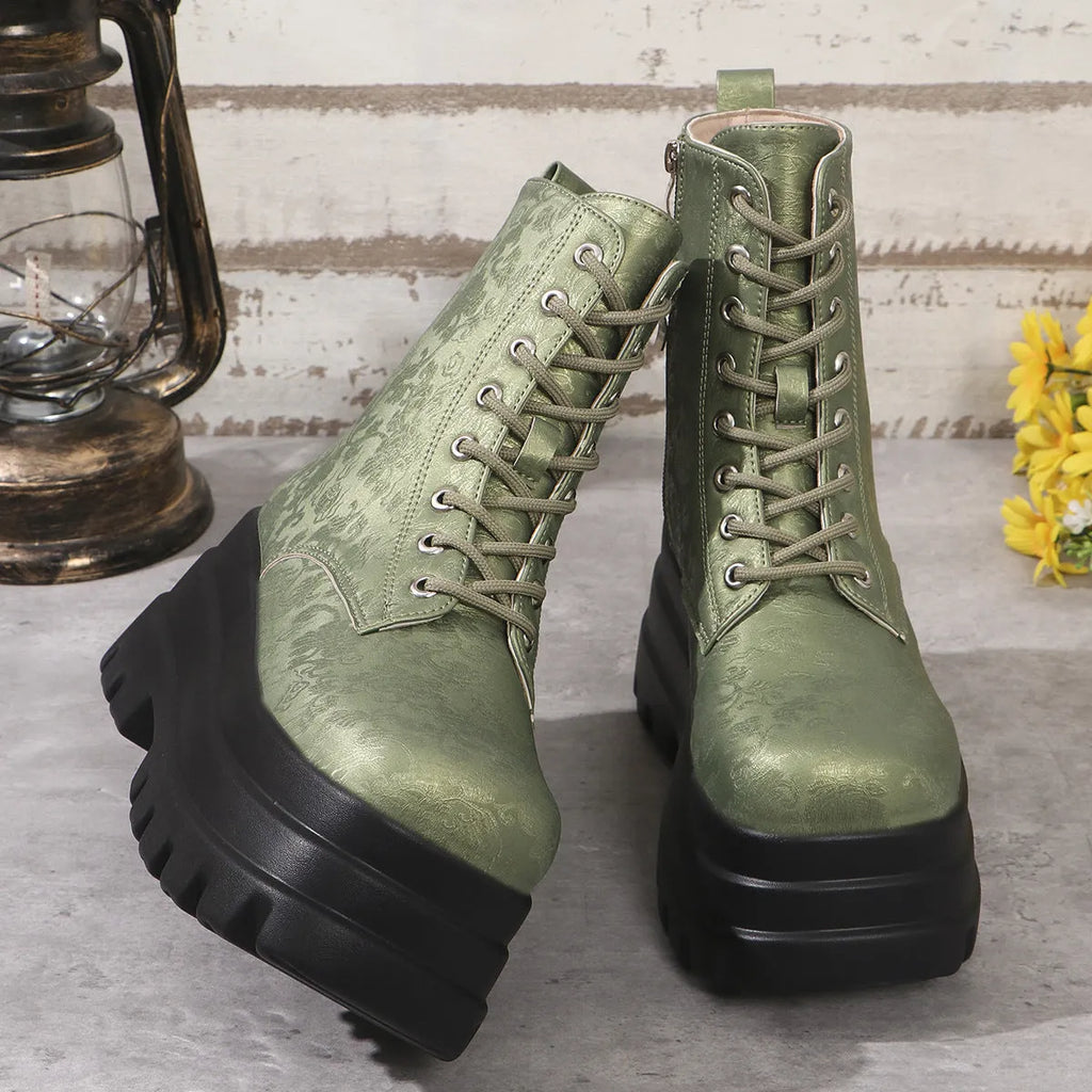 Women's white retro platform Martin boots with a chunky heel and side zipper on a neutral background.