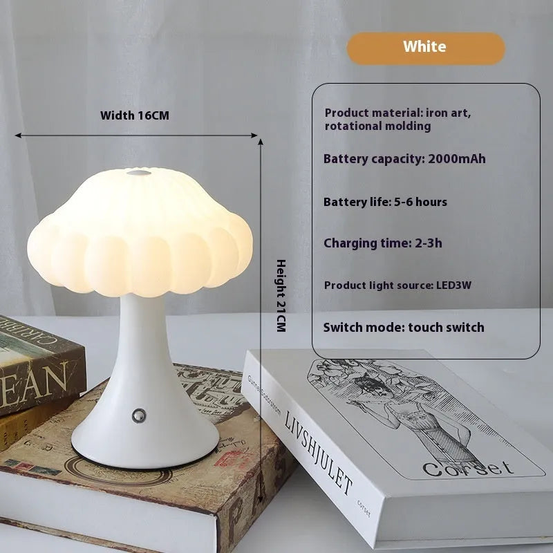 Mushroom shaped touch control night lamp with USB charging in wood grain colour