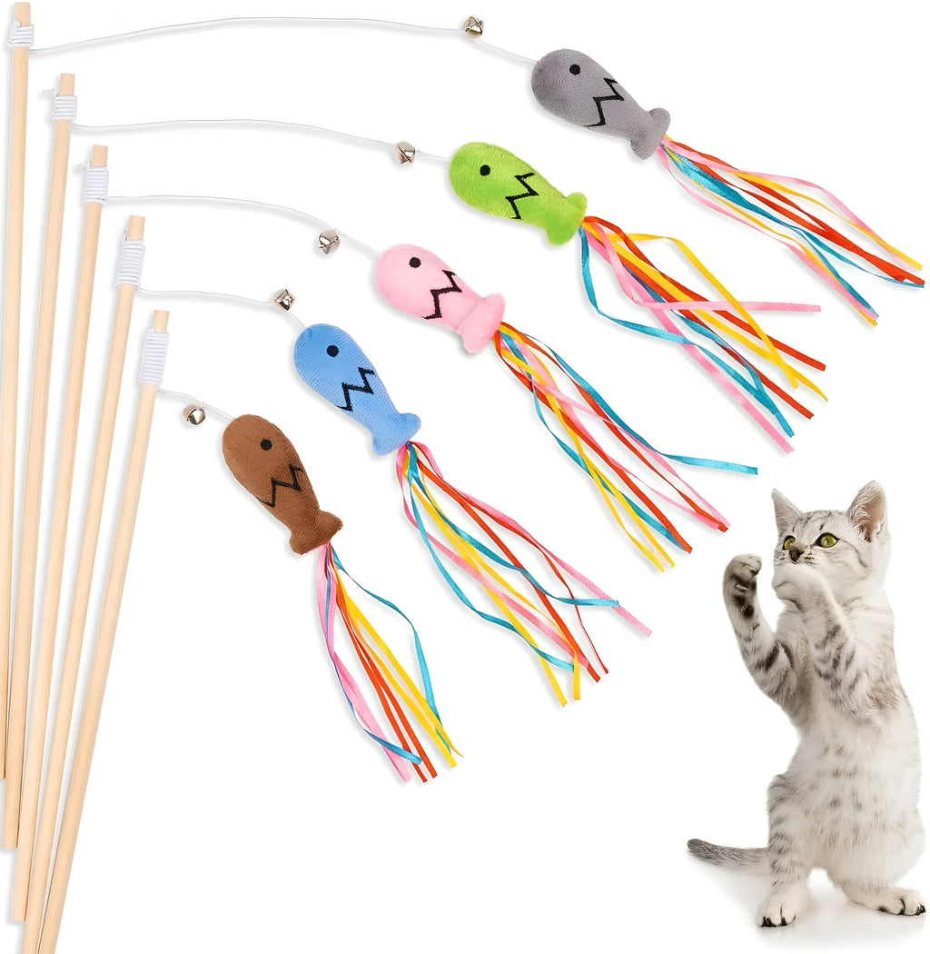 Cat wand toy with wooden handle, elastic rope, colourful ribbons, catnip fish, and bell attachment