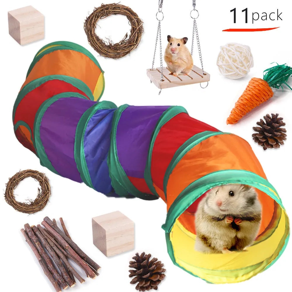 Assortment of wooden and natural material chewing toys for small pets including rabbits and guinea pigs