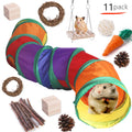 Assortment of wooden and natural material chewing toys for small pets including rabbits and guinea pigs