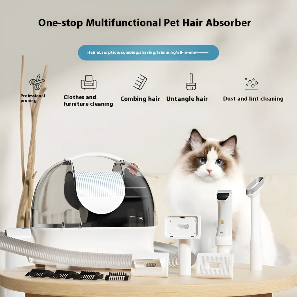 Pink and white multifunctional pet grooming vacuum cleaner with shears, hose, and dust cup.