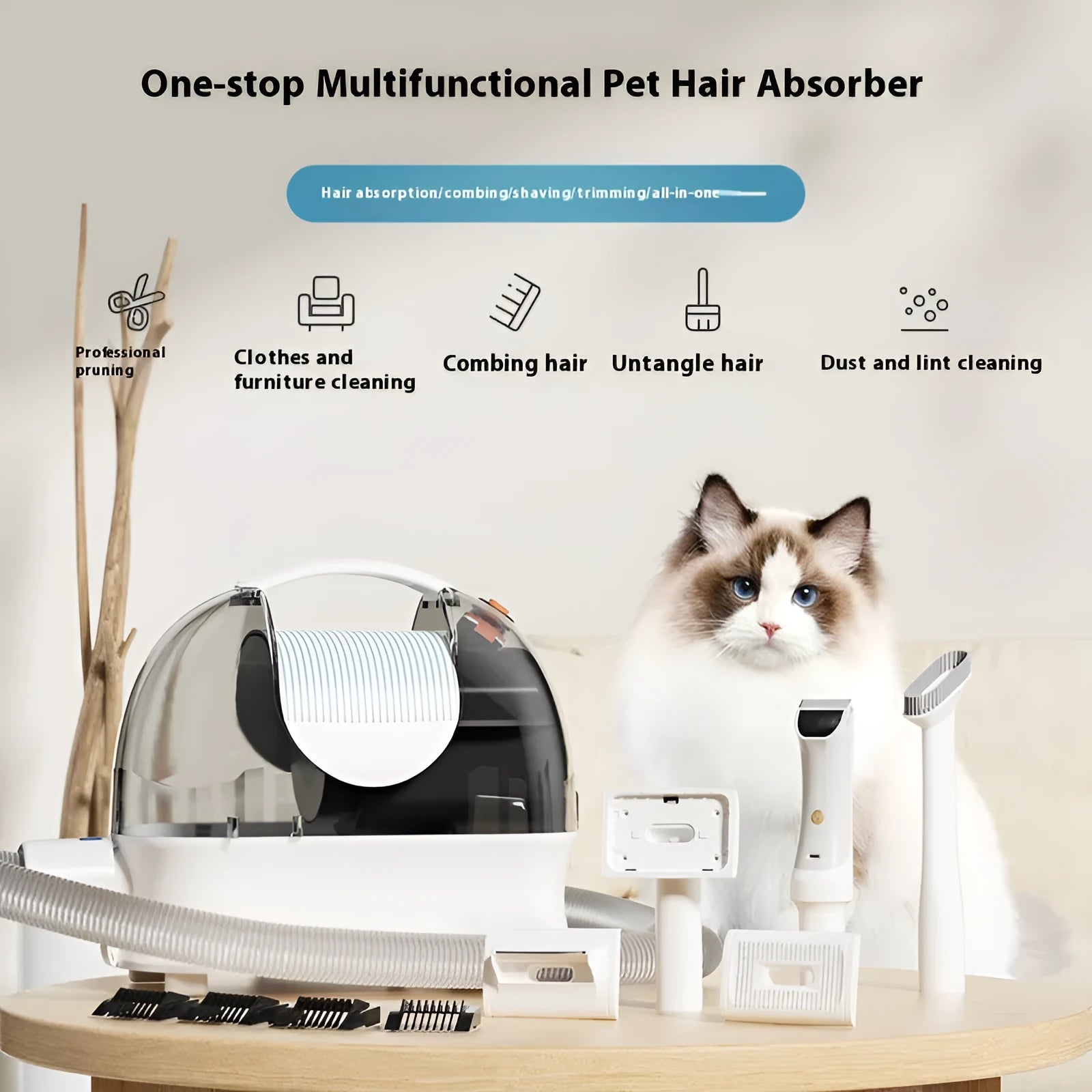 Pink and white multifunctional pet grooming vacuum cleaner with shears, hose, and dust cup.