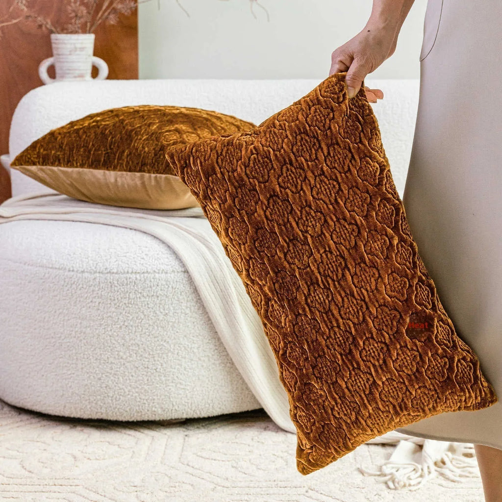 Brown gold antique style quilted cushion pillow with three-dimensional pattern