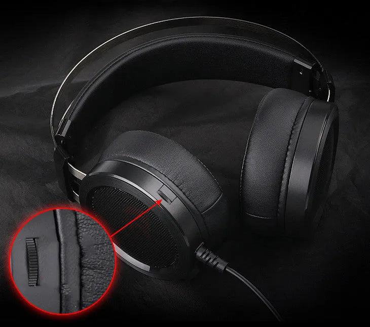 Black wired computer gaming headset with 3.5mm plug and 2 metre cable