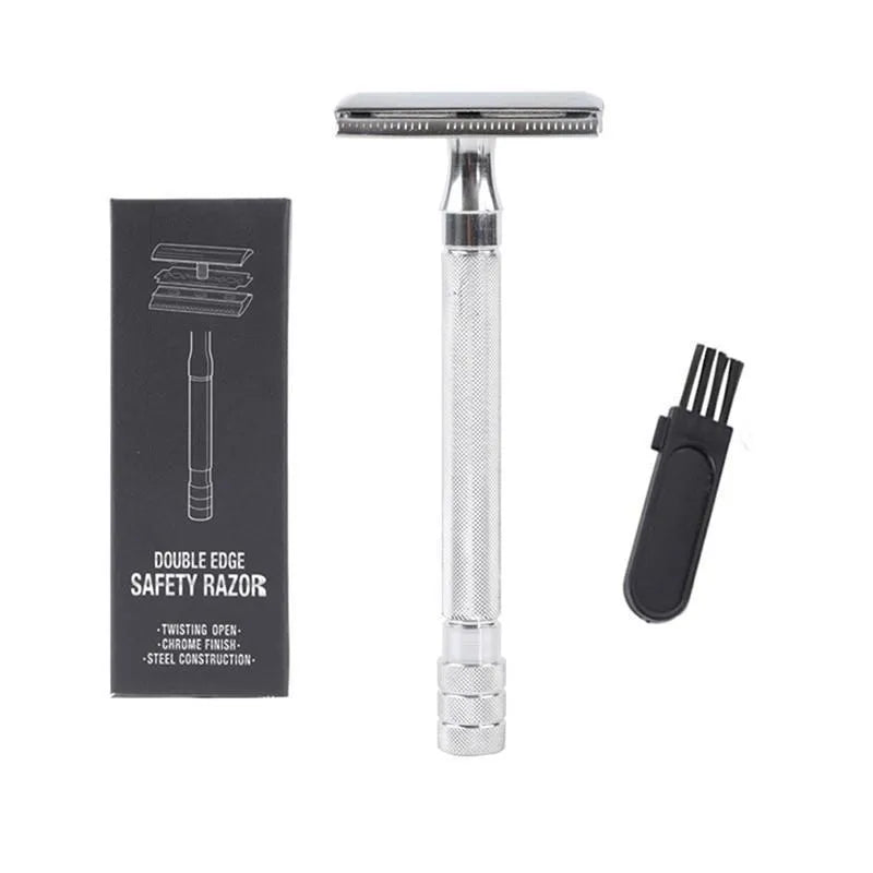 Old-fashioned manual metal shaving scraper and brush set in black and silver finishes