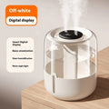 Beige round USB portable humidifier with digital display, dual spray nozzles, and night light on