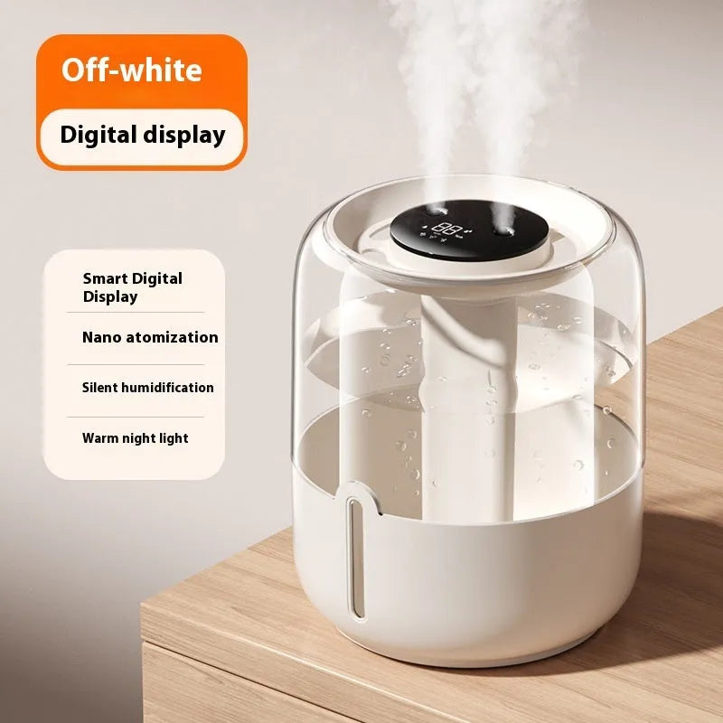 Beige round USB portable humidifier with digital display, dual spray nozzles, and night light on