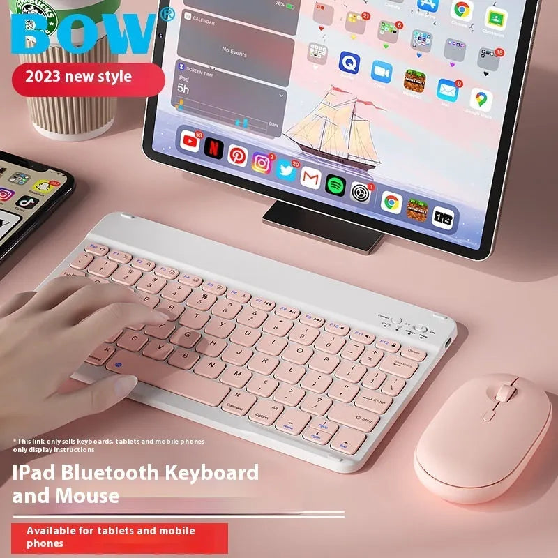 Bluetooth keyboard and rechargeable mouse set for tablet and PC on a desk.