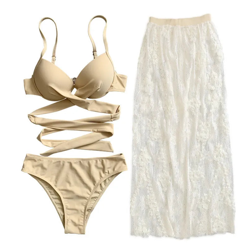 Three-piece backless push up bikini set in solid colour with matching skirt