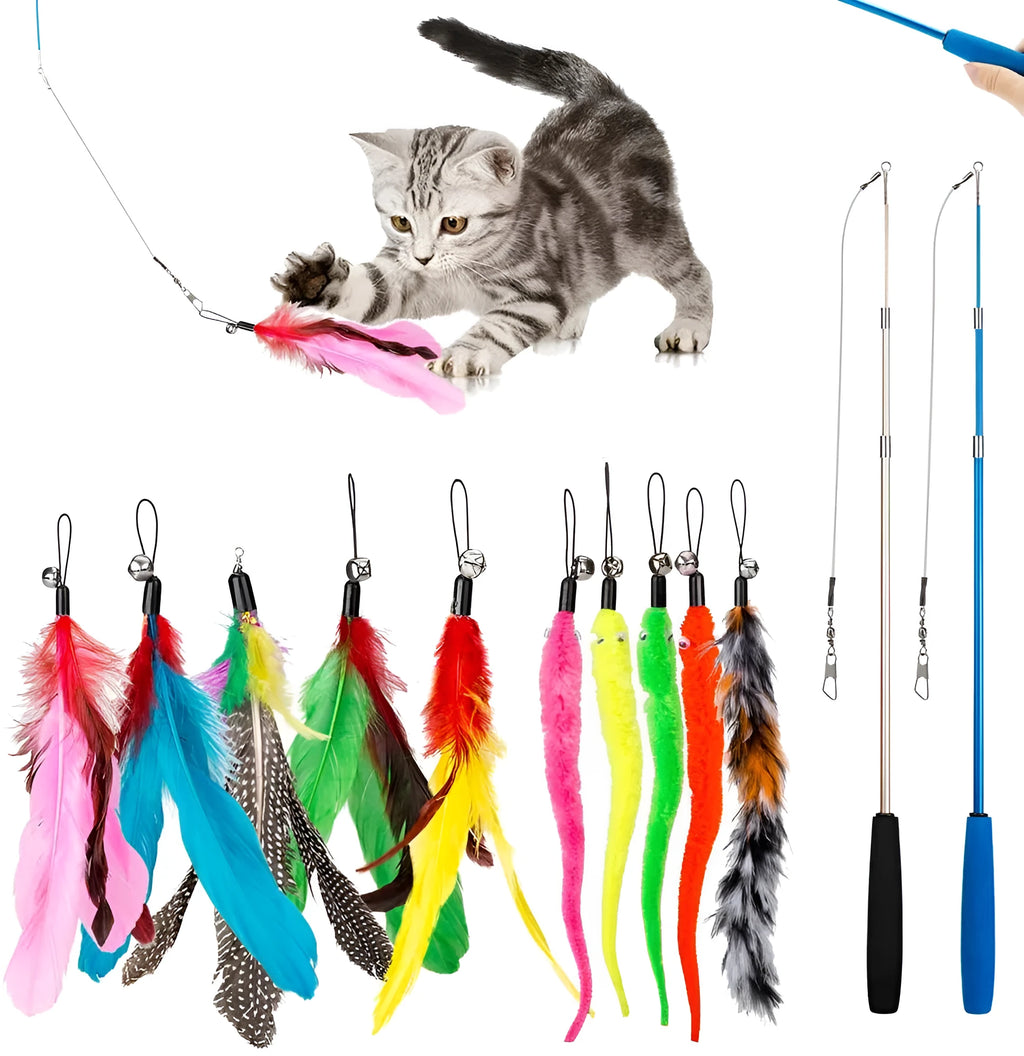Cat teasing pole set with two handheld rods and ten feather replacement heads