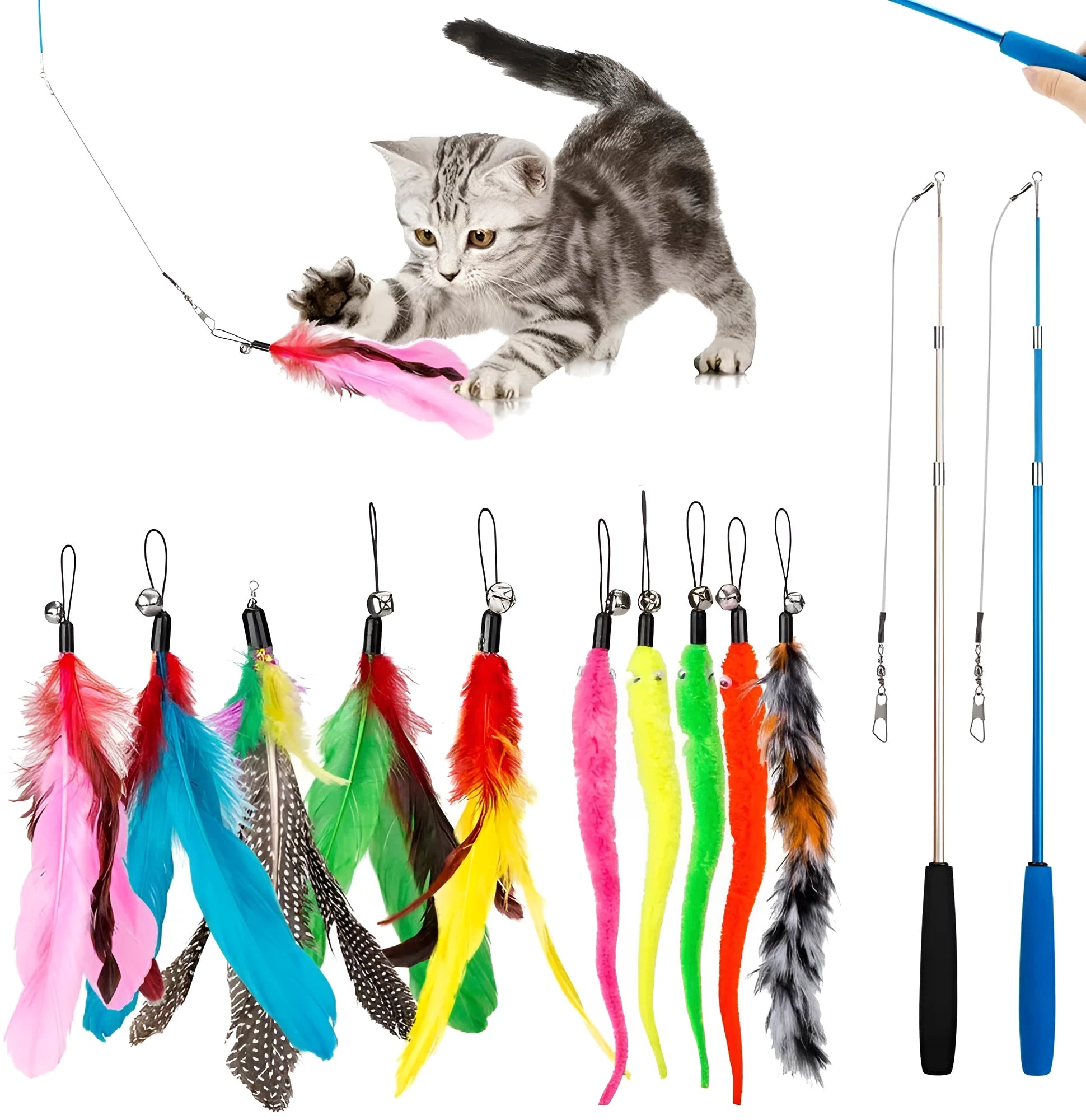 Cat teasing pole set with two handheld rods and ten feather replacement heads