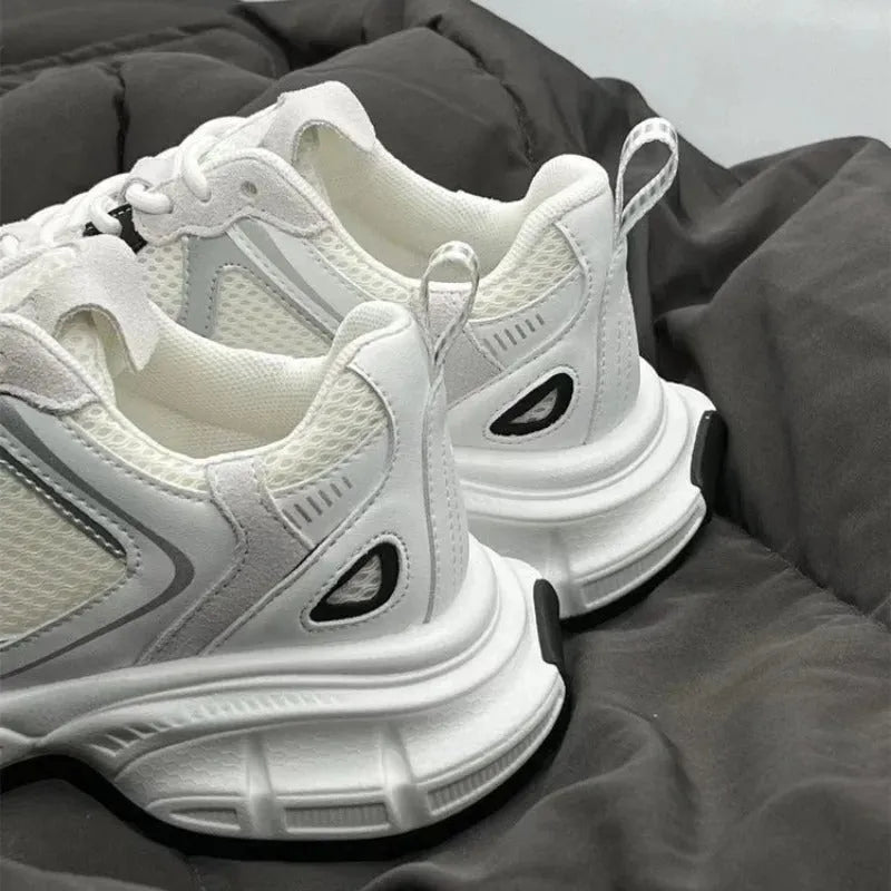 Polar Wave beige mesh platform sports shoes with wedge heel and lace-up front