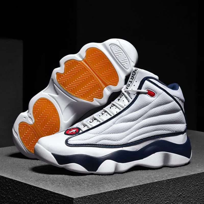 Men's high-top basketball shoes in AJ13 white red colour with mesh upper and rubber sole.