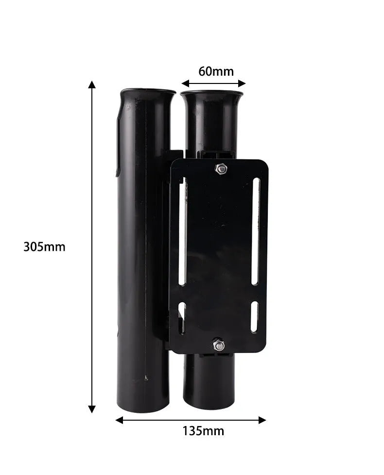 Plastic fishing rod rack clamp mounted on bicycle frame with fishing rods secured