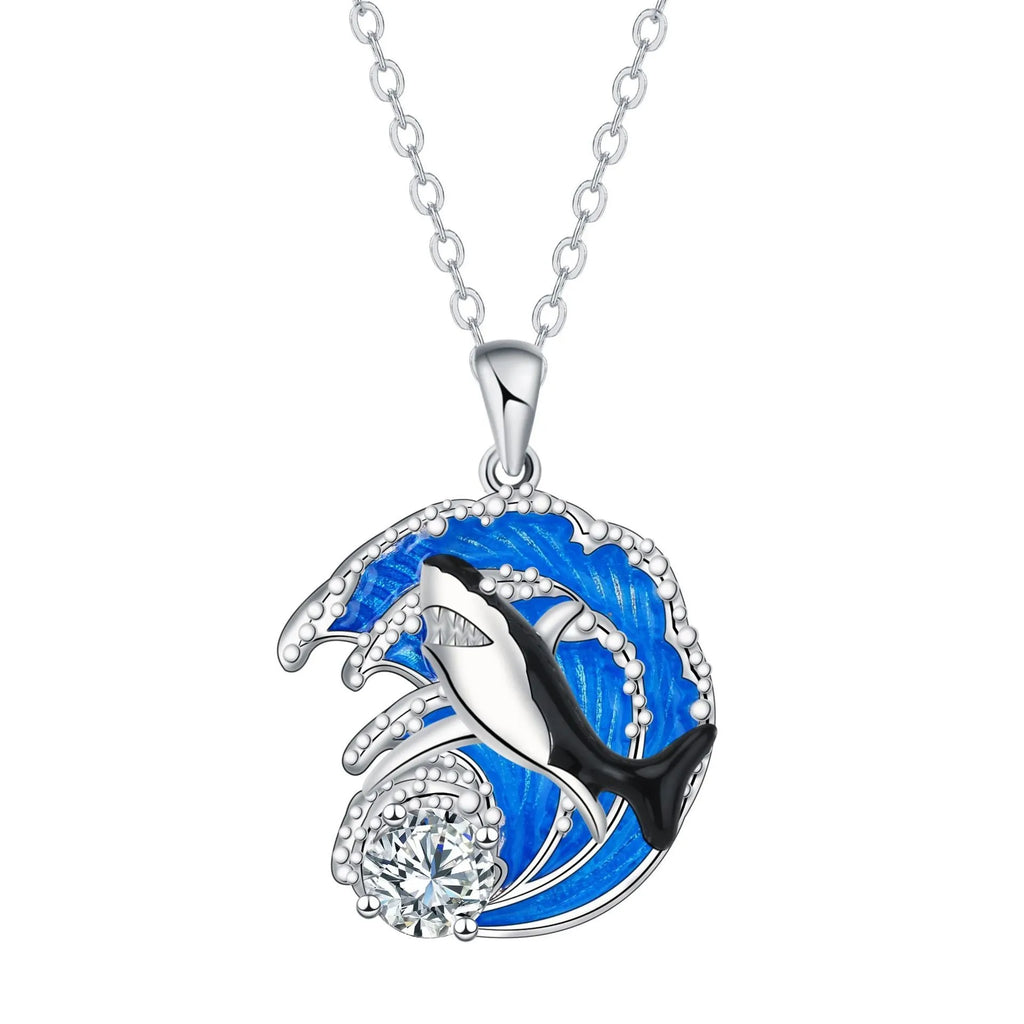Shark pendant necklace with copper animal modelling on adjustable cross chain