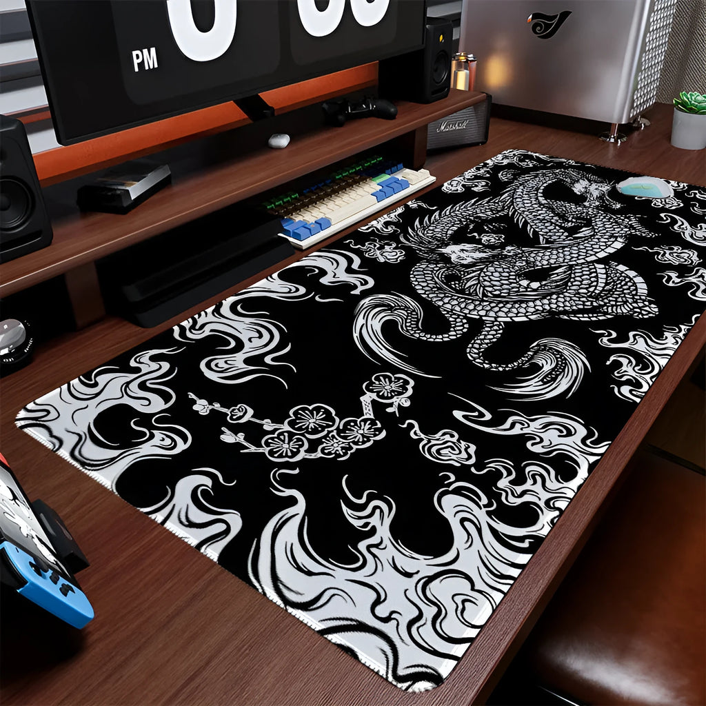 Esports dragon print cloth gaming mouse pad on a desk, showing non-slip base and Flower Dragon design.