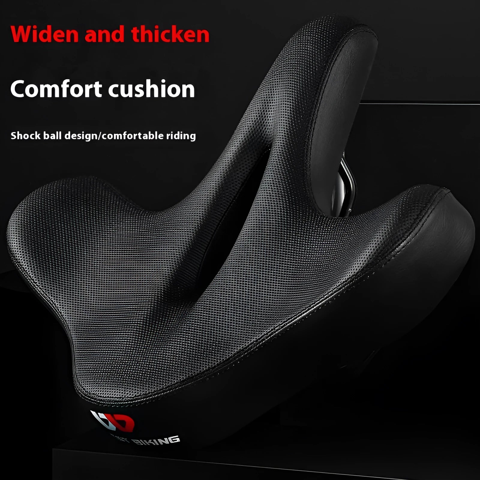 Black leather bicycle seat cushion with thick polyurethane foam padding for shock absorption.