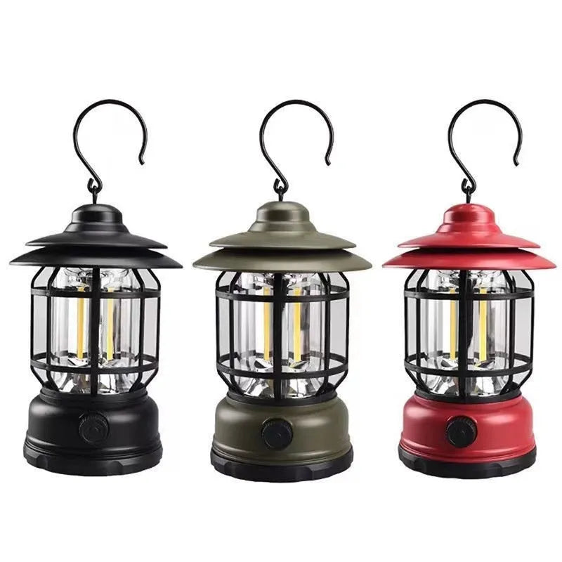 Portable head lamp camping lantern in dark green, black, or red colours with compact dimensions