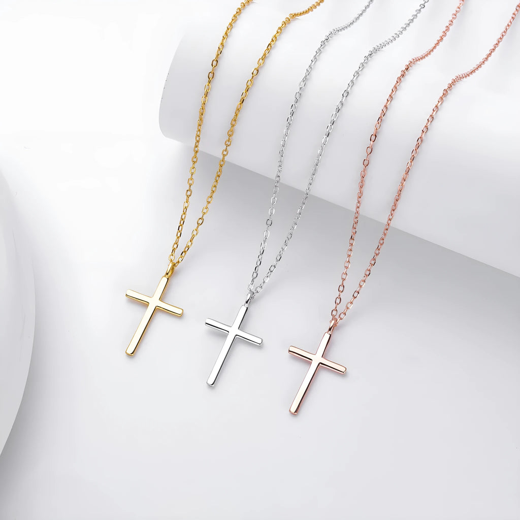 S925 sterling silver necklace with glossy cross pendant on adjustable O-shaped chain