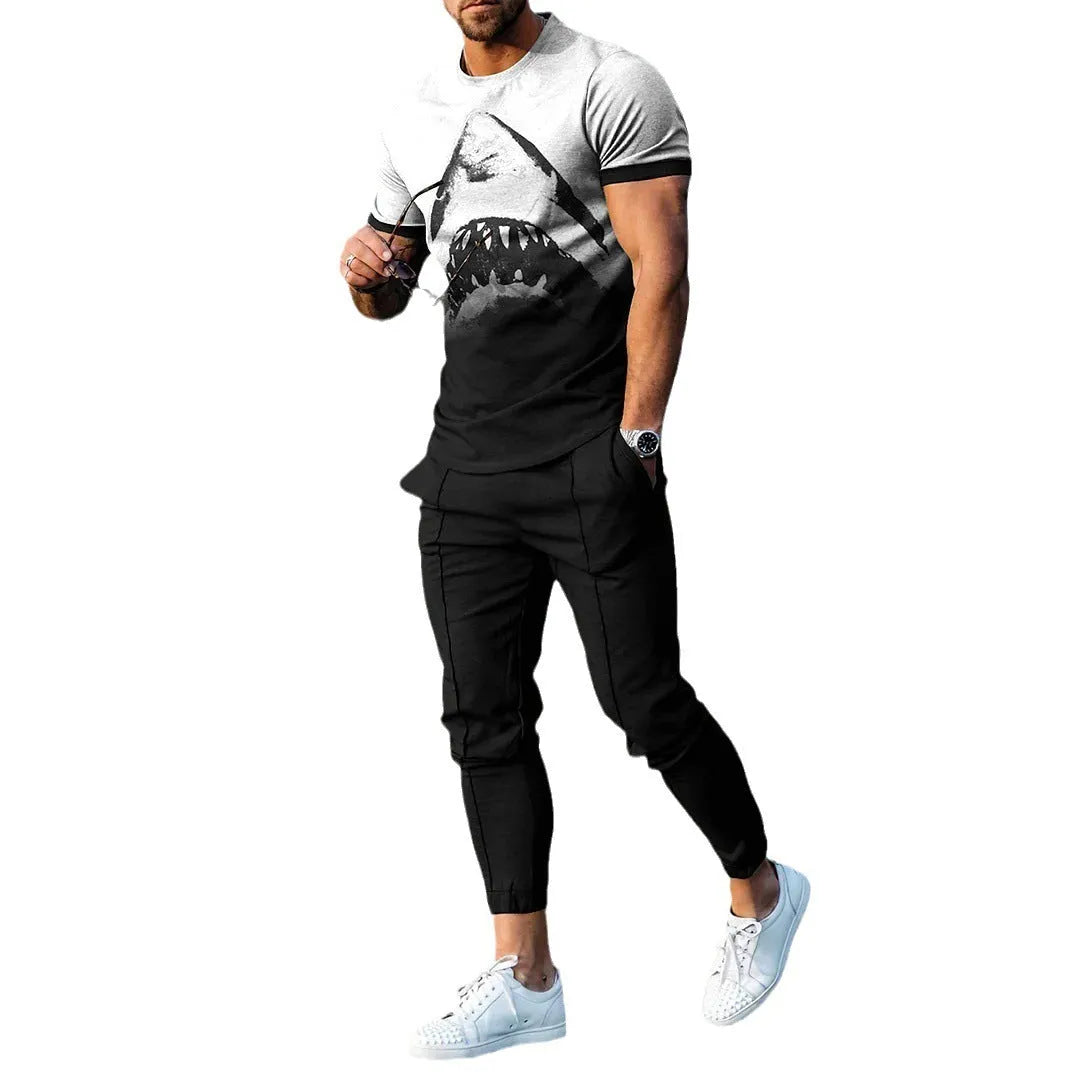 Man modelling a short-sleeved printed pullover and matching trousers from a lightweight polyester sports suit set.