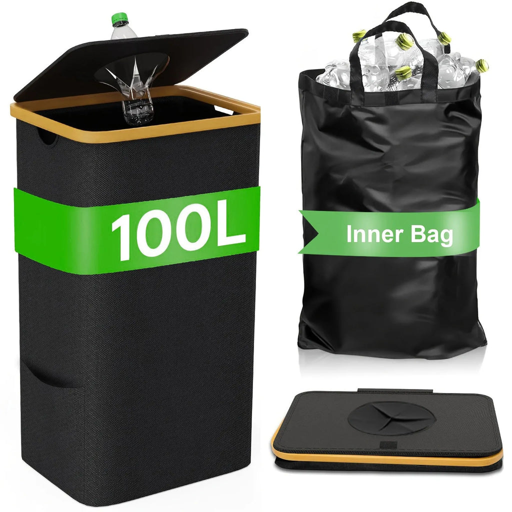 Black bamboo laundry basket with removable lid showing ventilation holes and inner mesh pockets