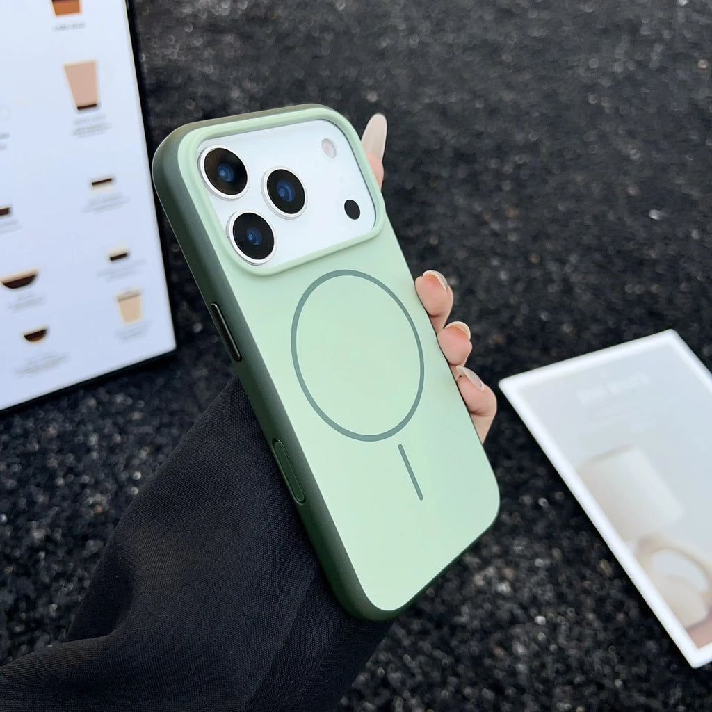 Blue frosted magnetic iPhone case showing AI camera button and precise cutouts for ports and camera.