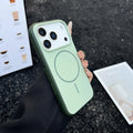 Blue frosted magnetic iPhone case showing AI camera button and precise cutouts for ports and camera.