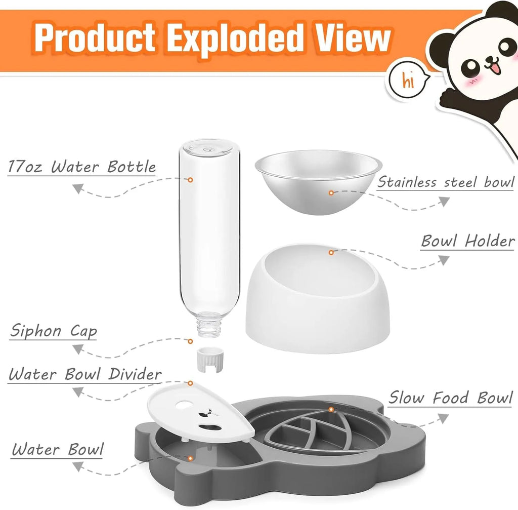 Grey panda-shaped elevated pet feeder with automatic water bottle and tilted stainless steel bowls for cats and small dogs
