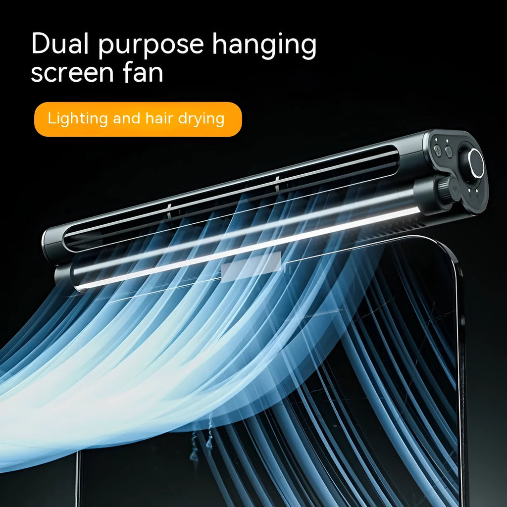 Black bladeless USB fan with clip attached to laptop screen showing lighting lamp function