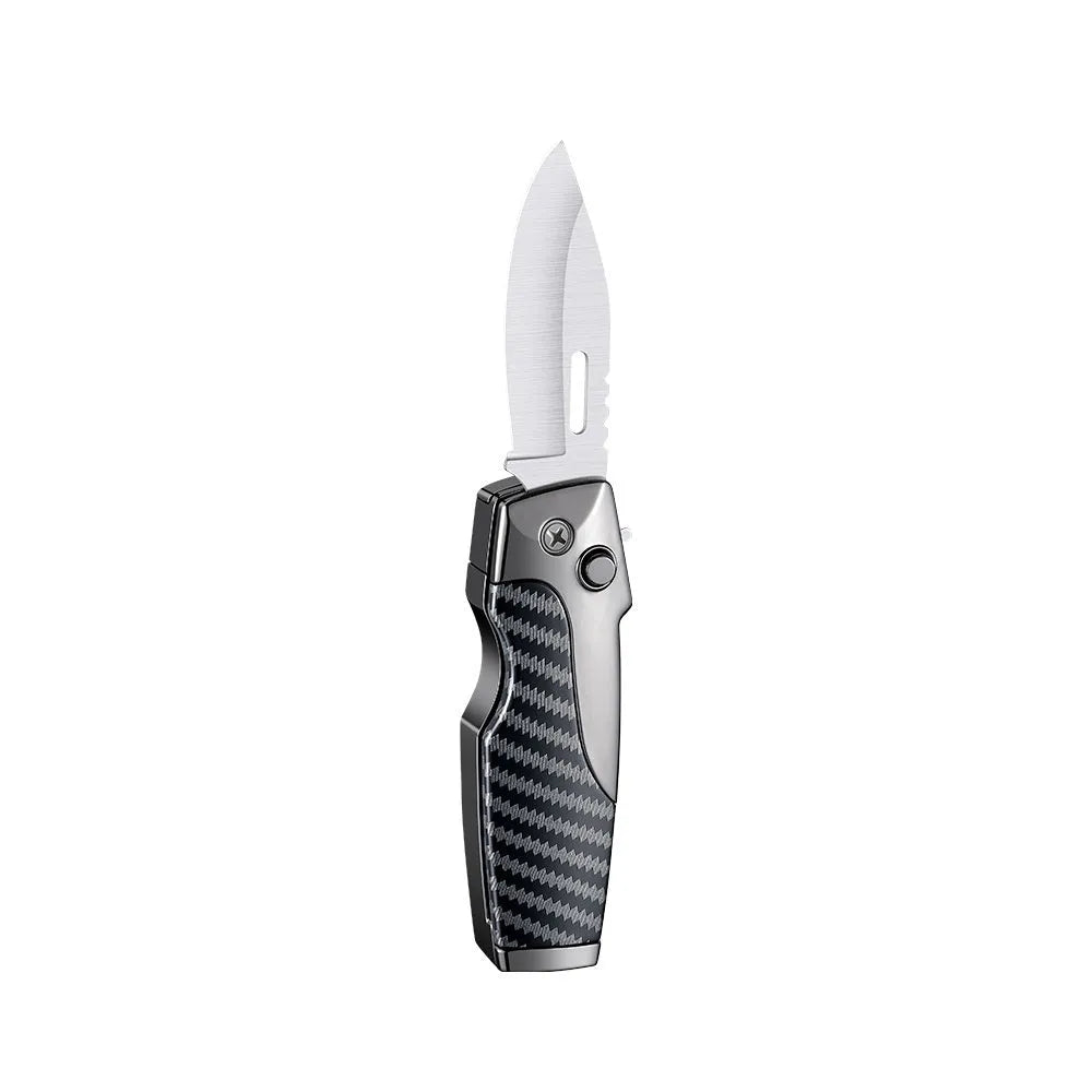 Zinc alloy metal folding pocket lighter with a knife, shown in a wood grain finish
