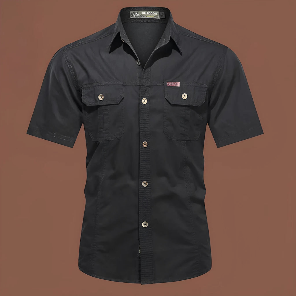 Men's short sleeve cotton work shirt in army green with loose fit design
