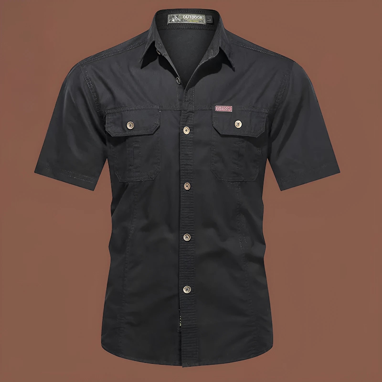 Men's short sleeve cotton work shirt in army green with loose fit design