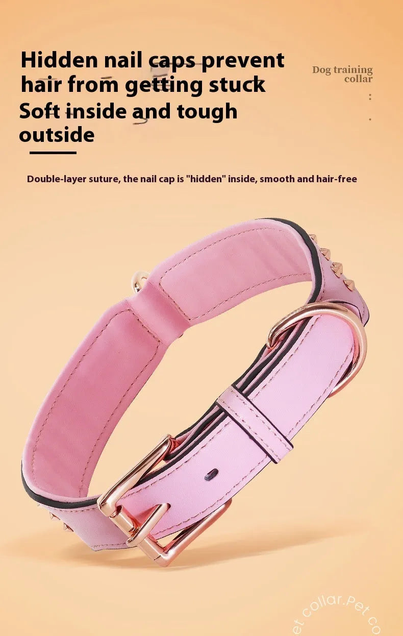 Leather dog collar with rivet construction in black colour showing anti-bite design