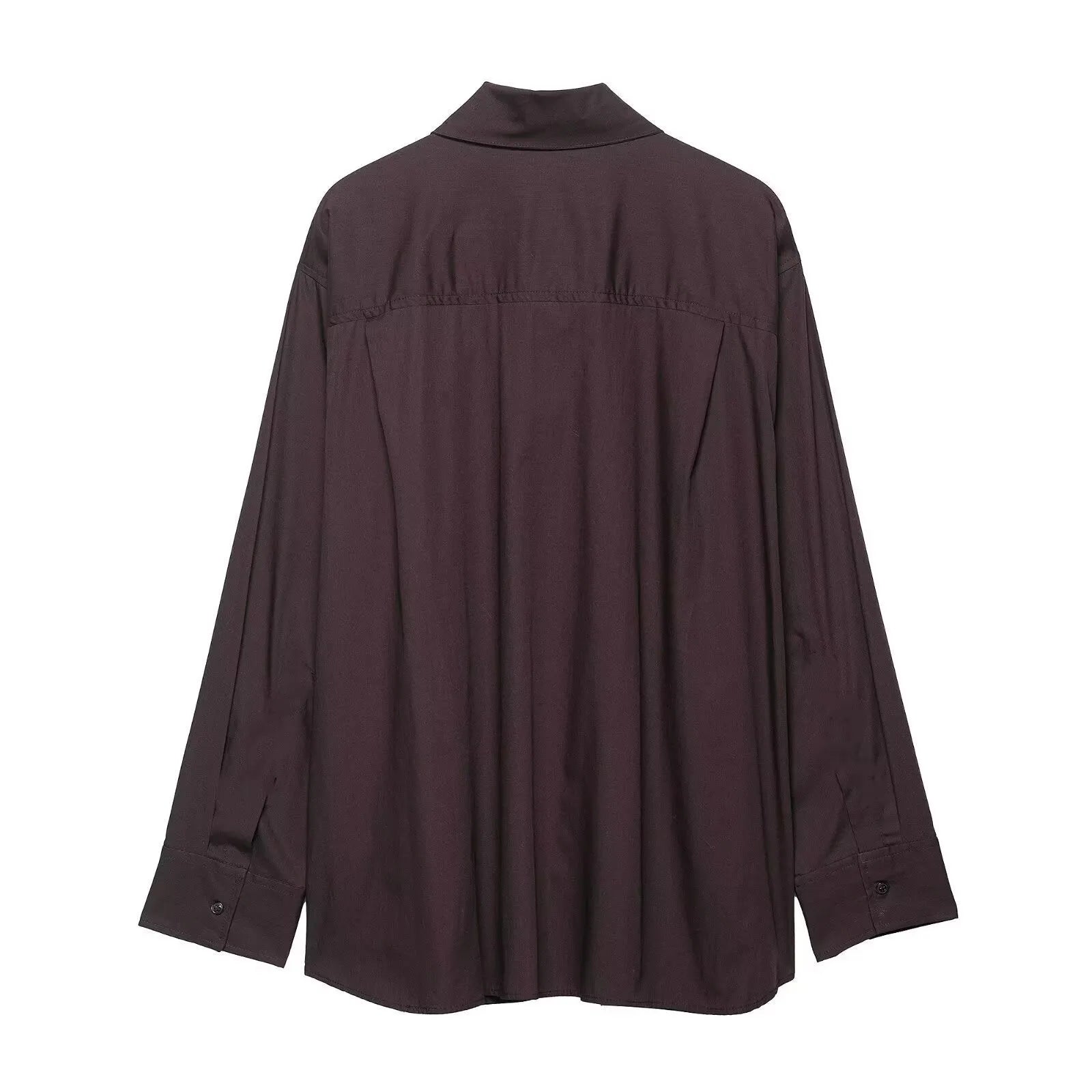 Brown loose-fit women's poplin shirt with long sleeves and a matching bow tie scarf, shown in a cardigan style.