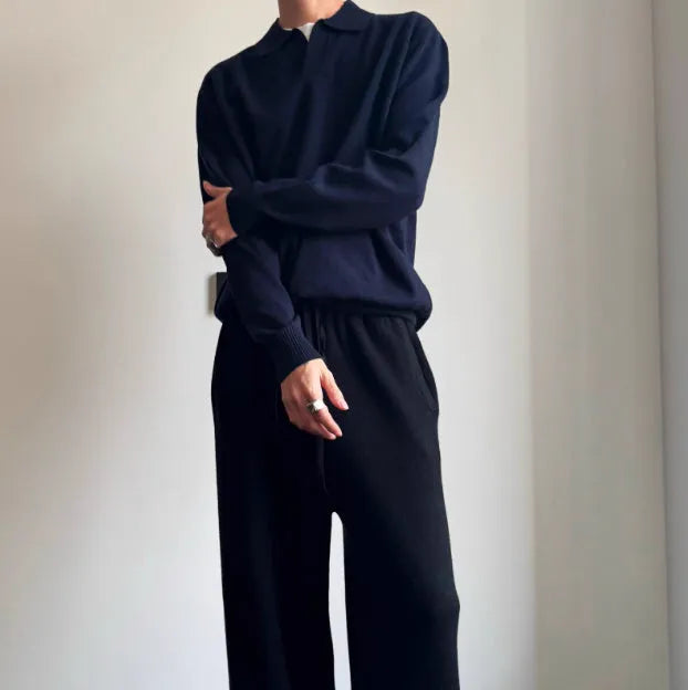 Men's milky white pure wool polo sweater with lapel collar and loose fit.