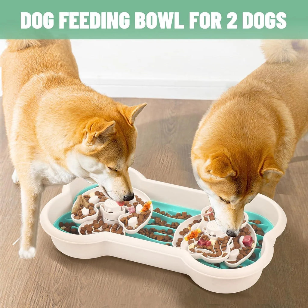 Large green three-tier slow feeder dog bowl with puzzle patterns and suction cup base