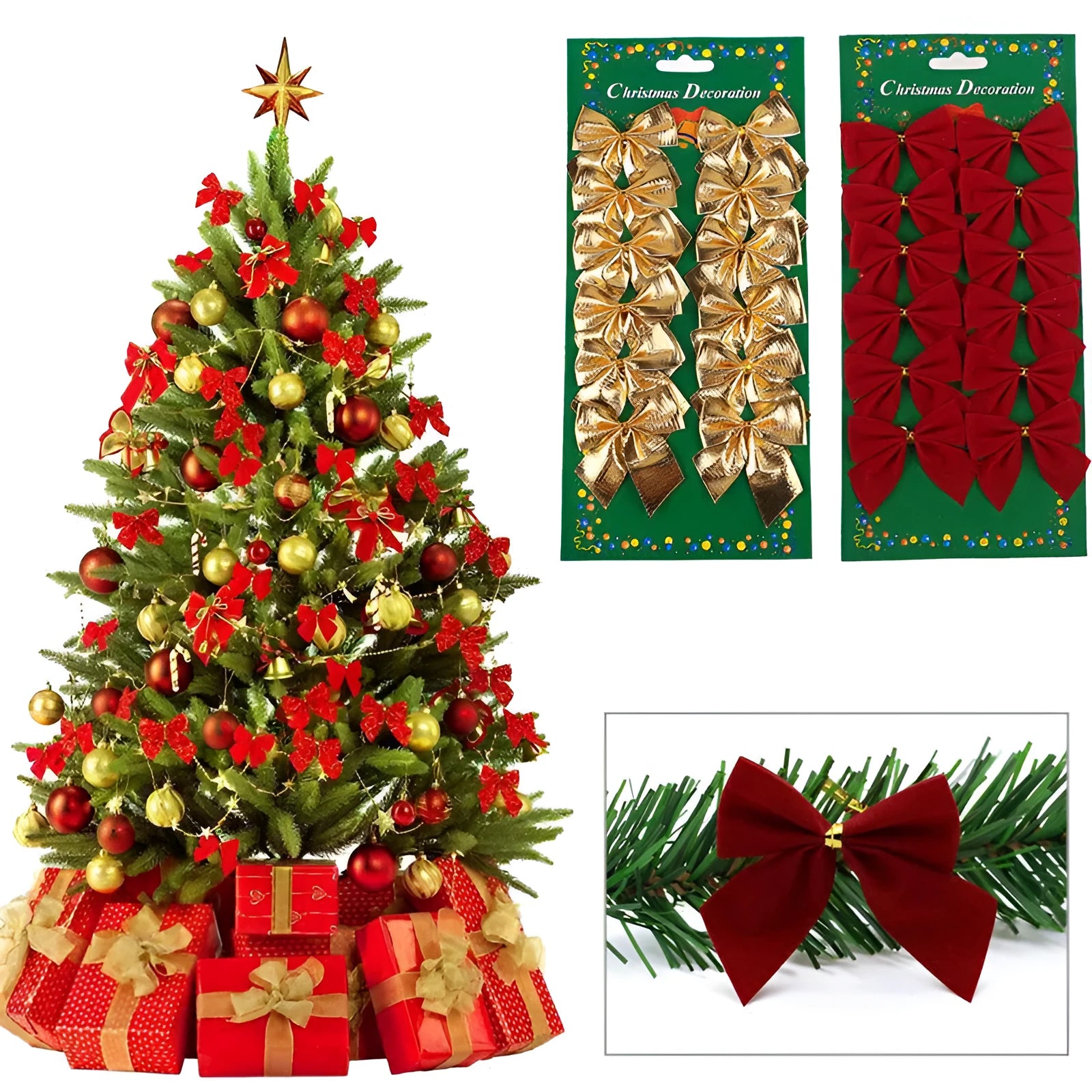 A 5 cm red gold and silver polyester Christmas decoration bow for tree ornaments.