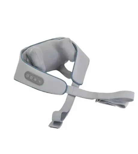 Milky white rechargeable handheld shoulder and neck kneading massager with USB cable.